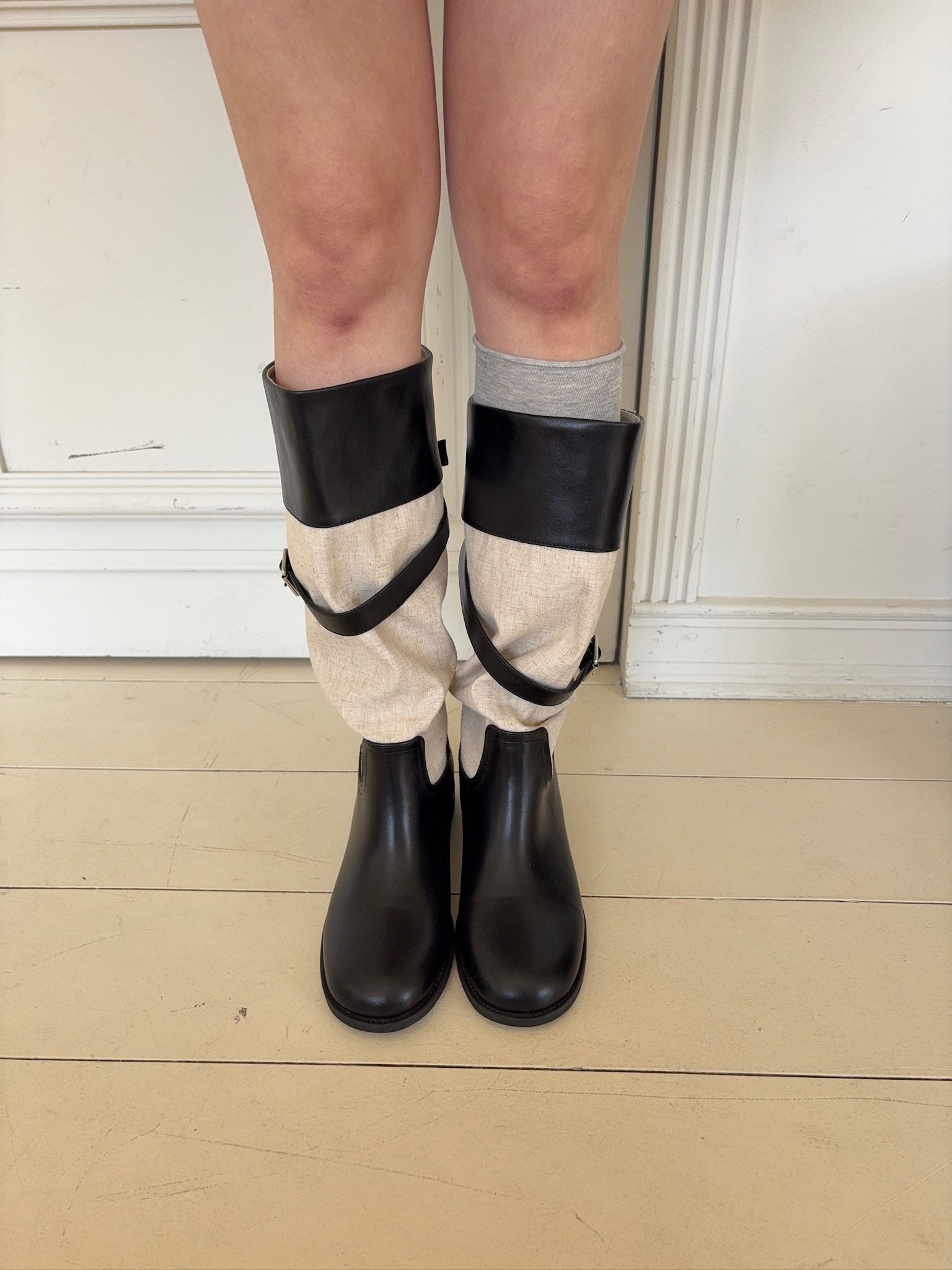 M63/ 扣人心弦皮革棉麻拼接長靴