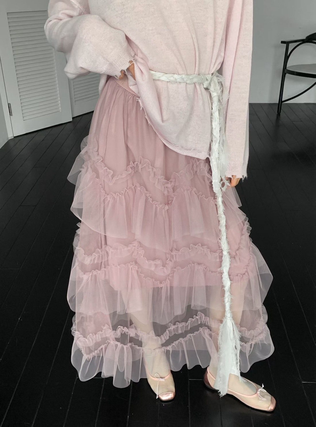 透視紗抓褶長裙