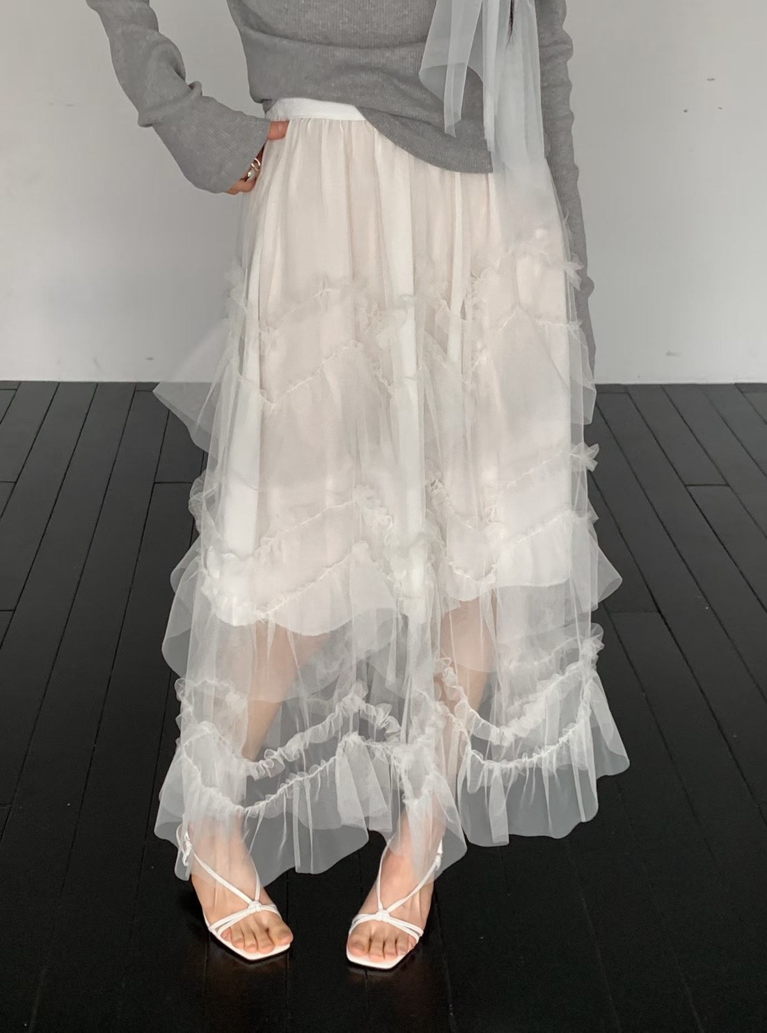 透視紗抓褶長裙