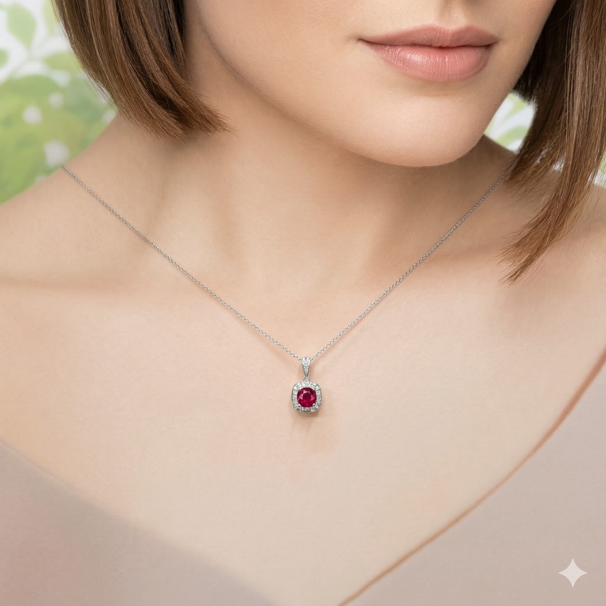 全新18K白金【主石95份方形紅寶石】配18份鑽石吊墜