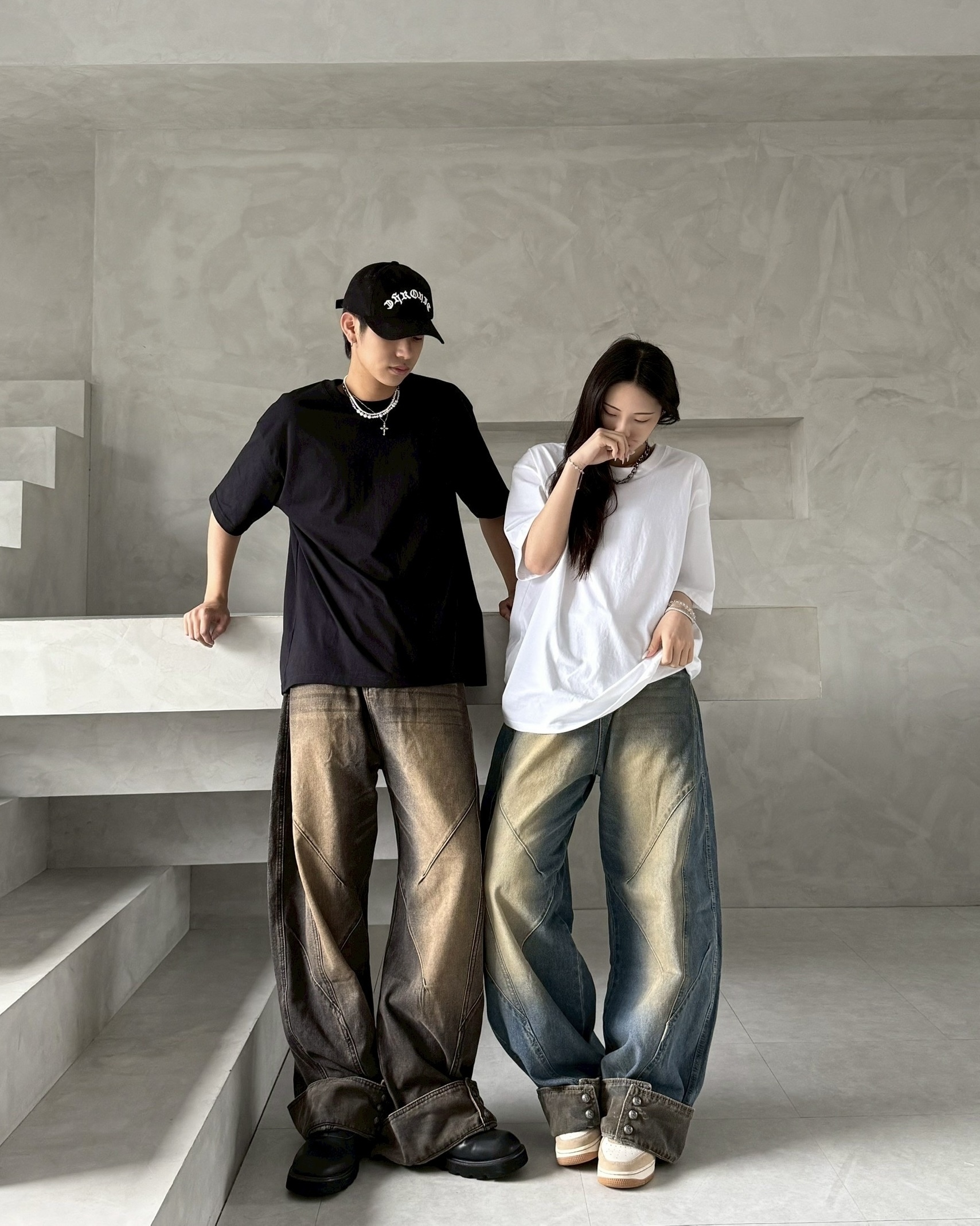 交錯 拼接 反折 牛仔 直筒 牛仔 長褲