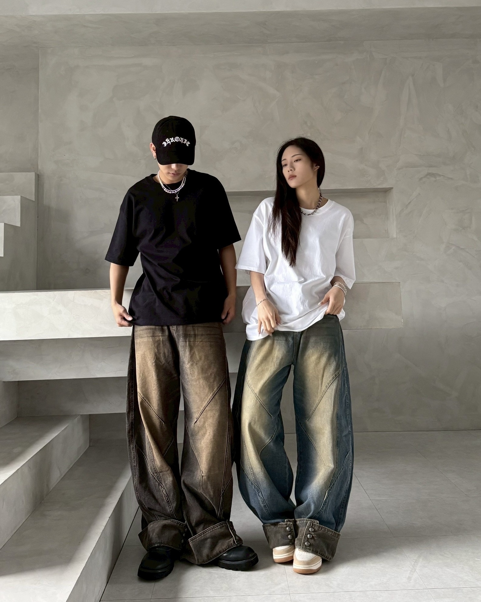 交錯 拼接 反折 牛仔 直筒 牛仔 長褲