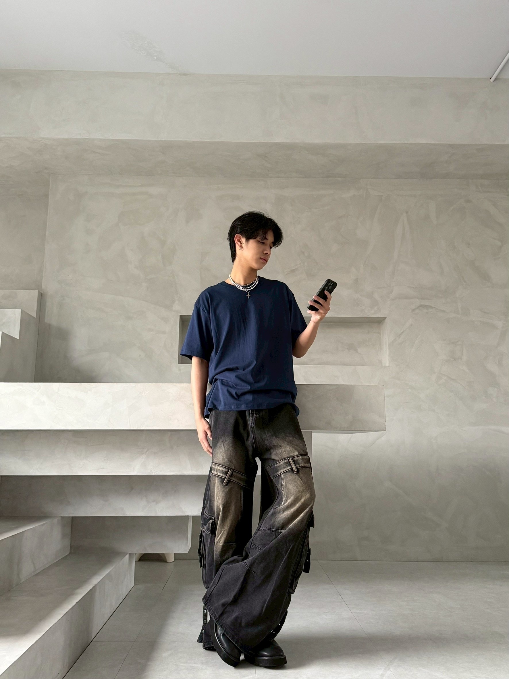 水洗 環扣 直筒 牛仔 長褲