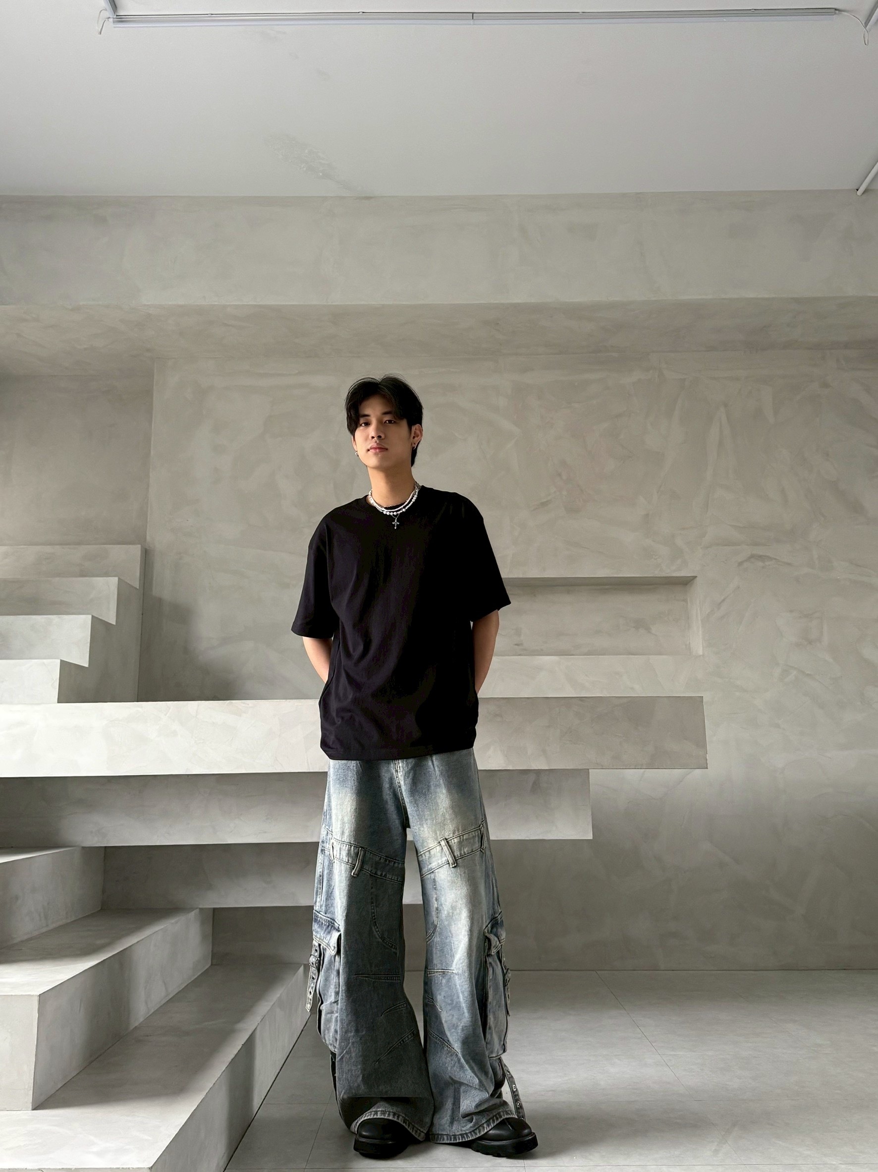 水洗 環扣 直筒 牛仔 長褲