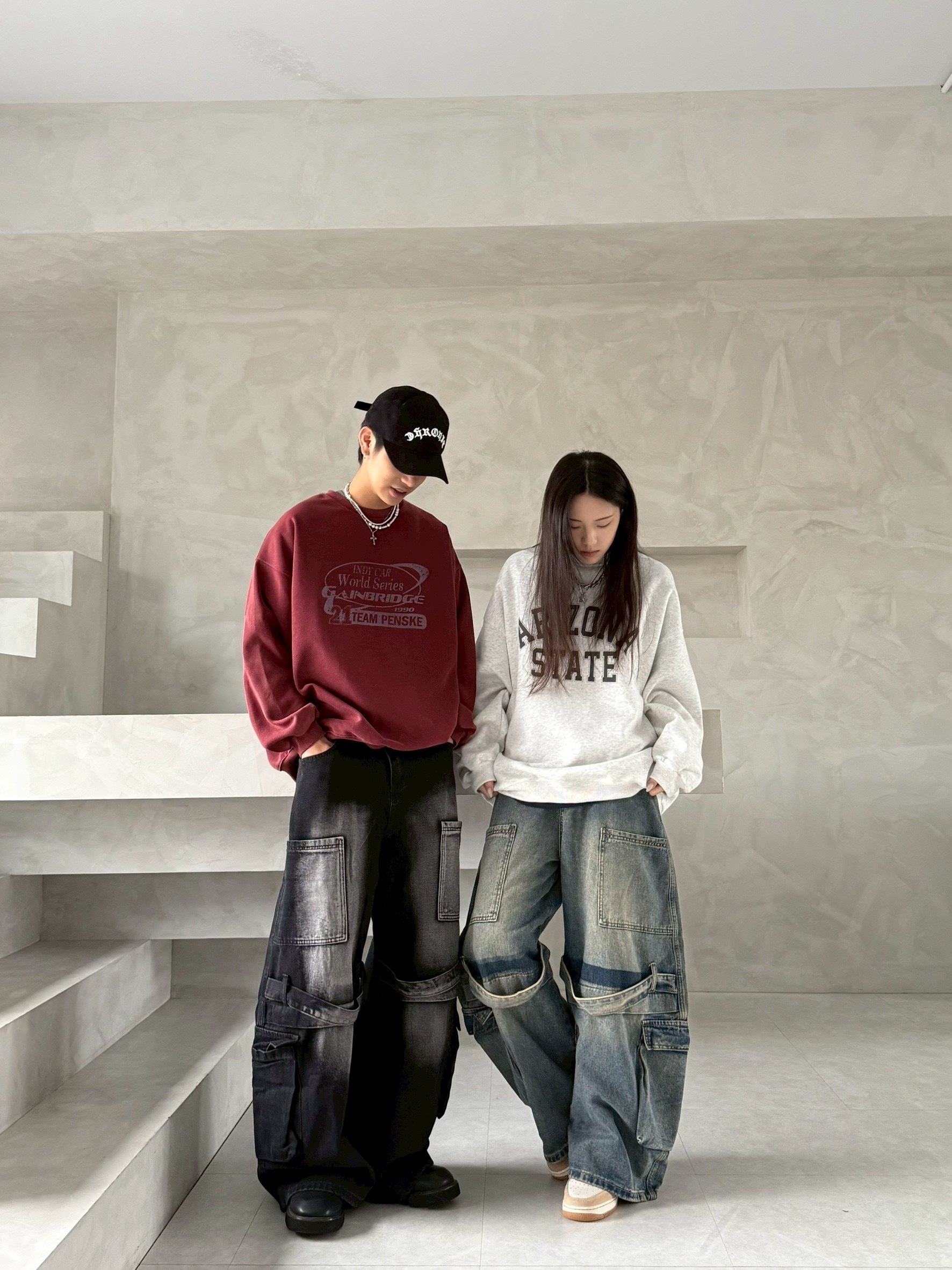 刷色 多口袋 落地 直筒 牛仔 寬褲 牛仔褲