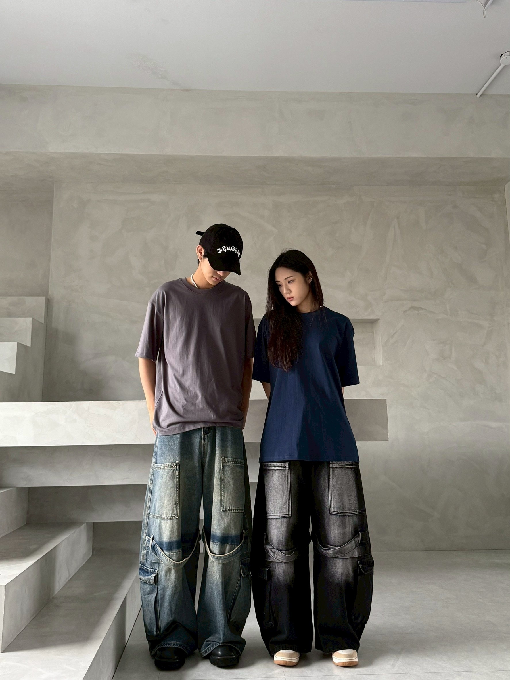 刷色 多口袋 落地 直筒 牛仔 寬褲 牛仔褲