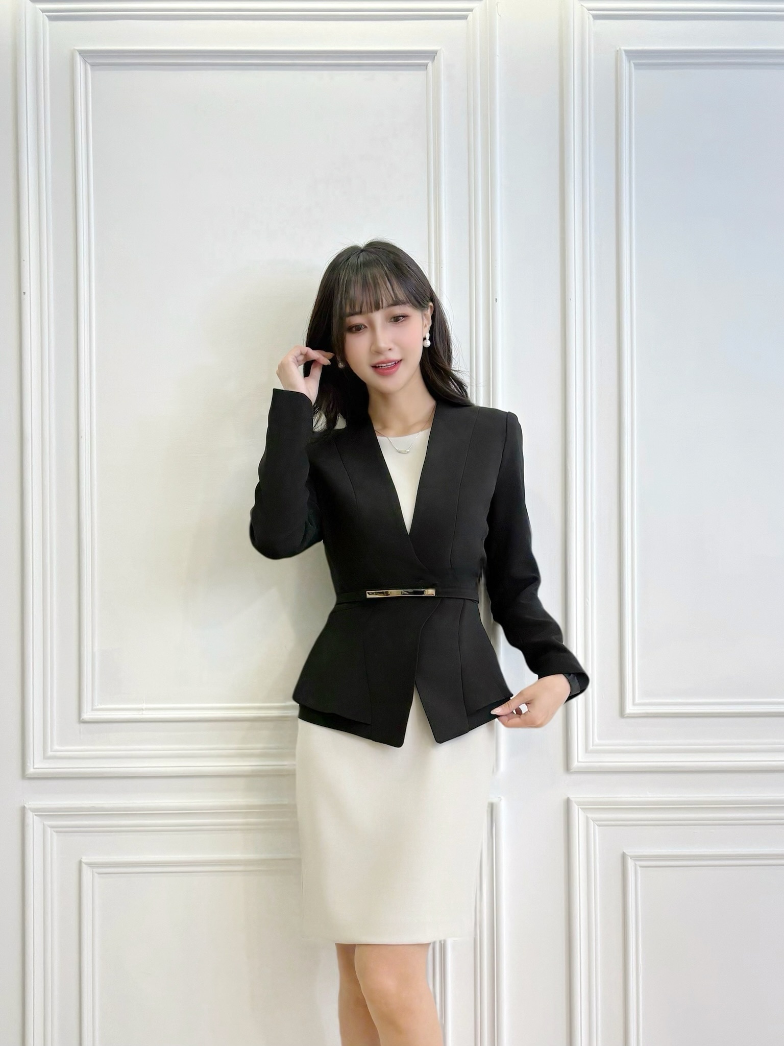 高級無領金腰帶西裝套裝-黑