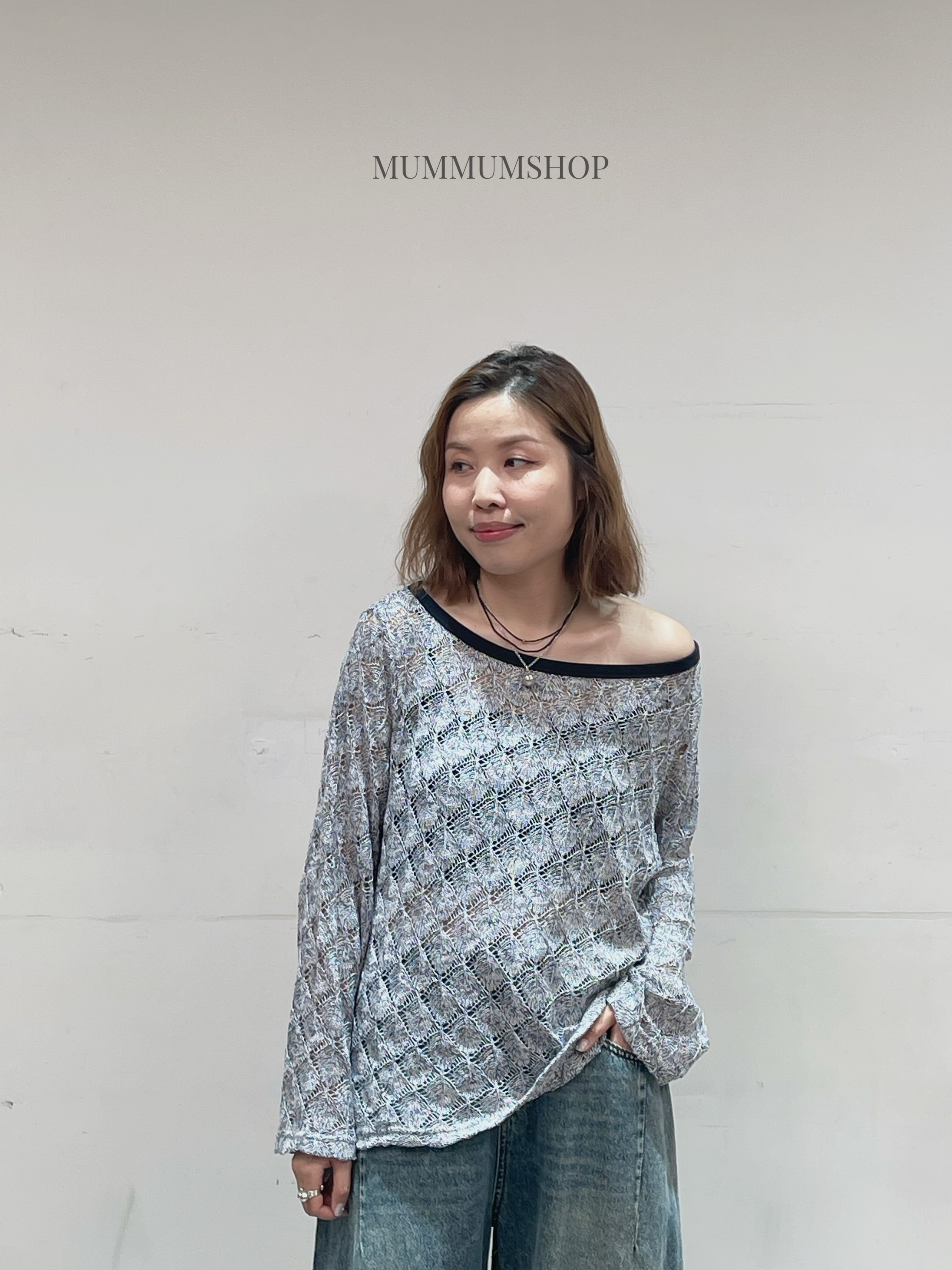 0213195a/菱格紡織大闊領長袖　46/46/27.5