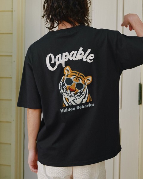 日本 Power To The People 老虎大頭刺繍 T-Shirt