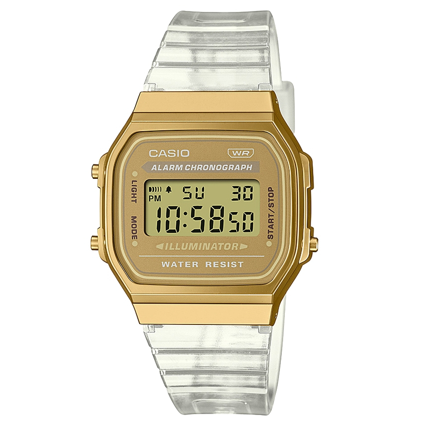 【CASIO 卡西歐】 80年代懷舊 日期星期 計時碼錶 半透金 電子錶 手錶 A168XESG