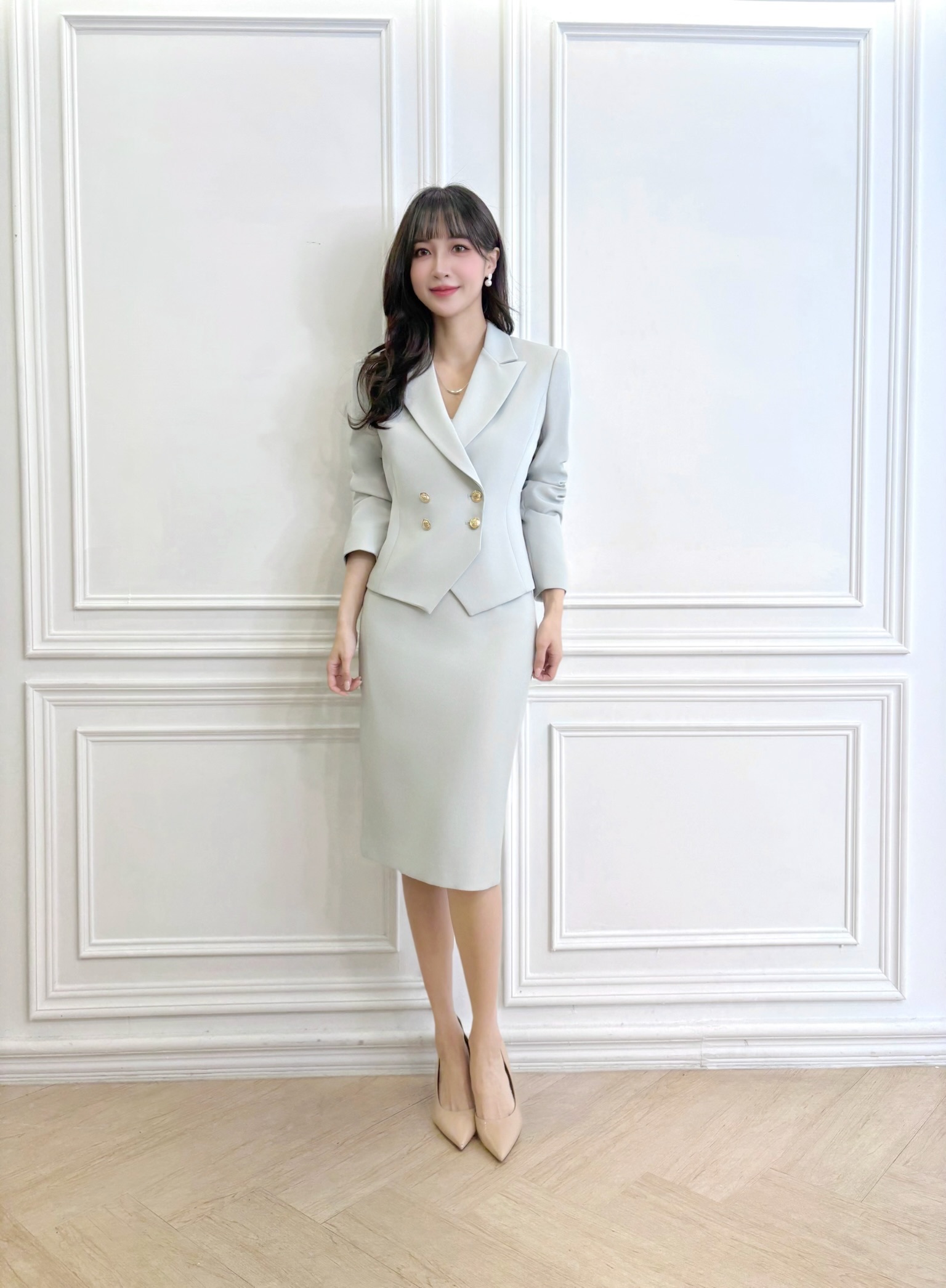 (職場必備)雙排金釦劍擺西裝套裝 - 藍