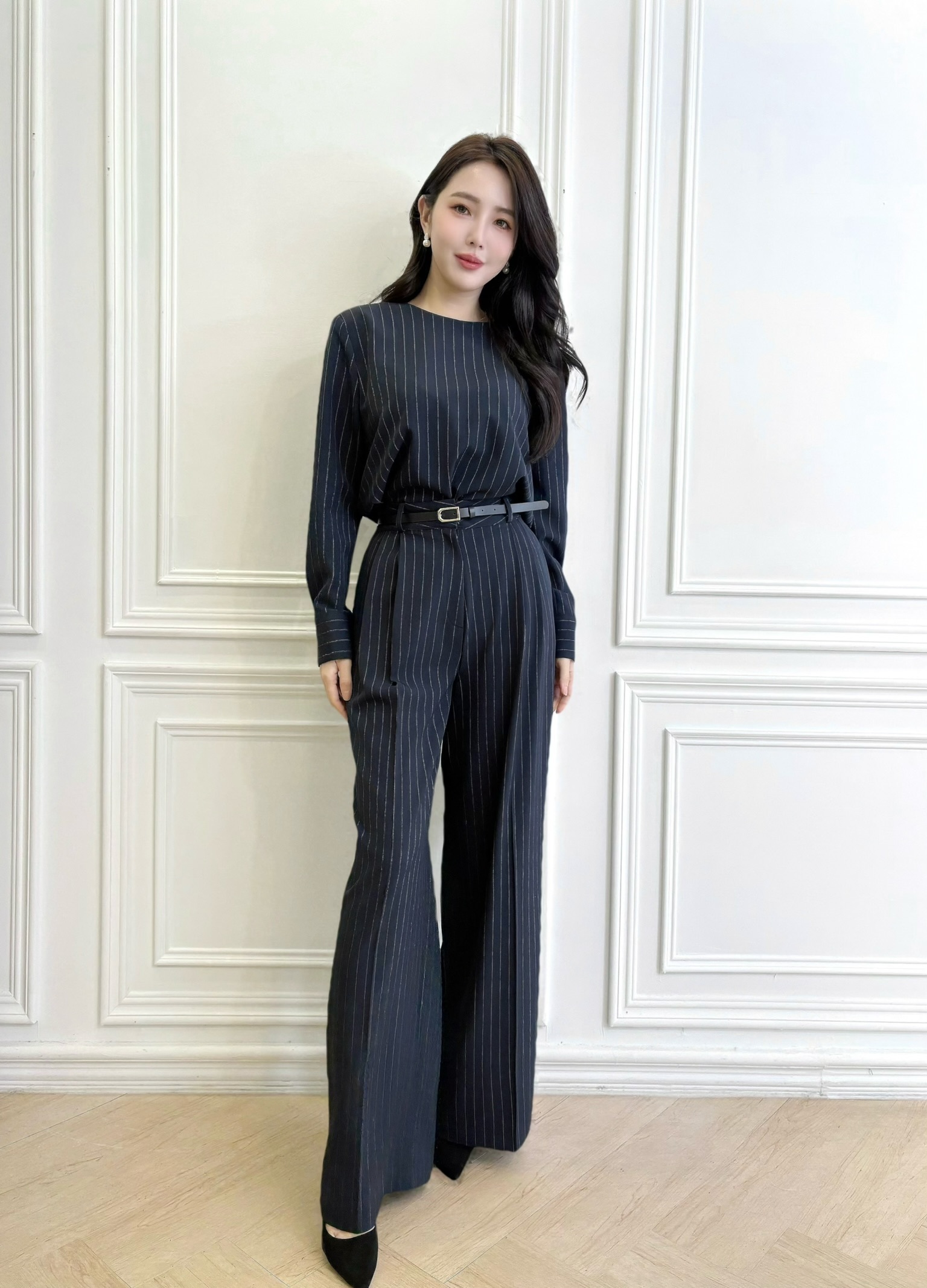 率性直條紋腰帶寬褲套裝
