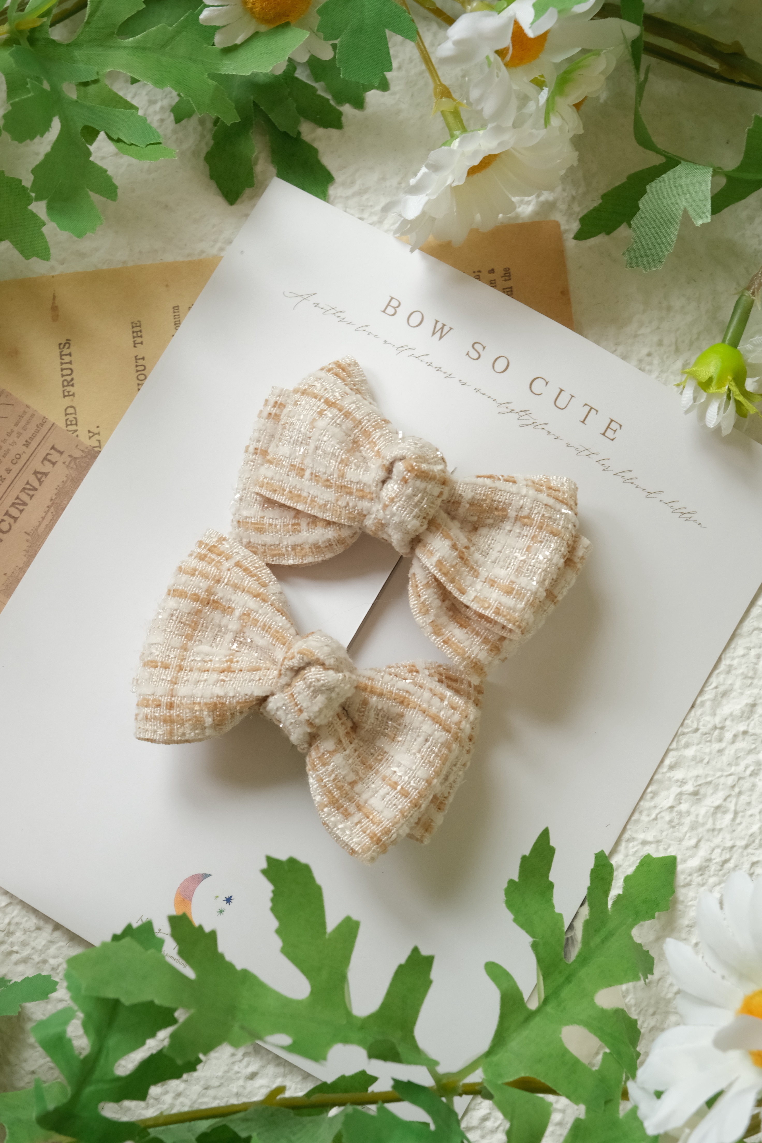 小香風蝴蝶結髮夾一組兩個-奶茶