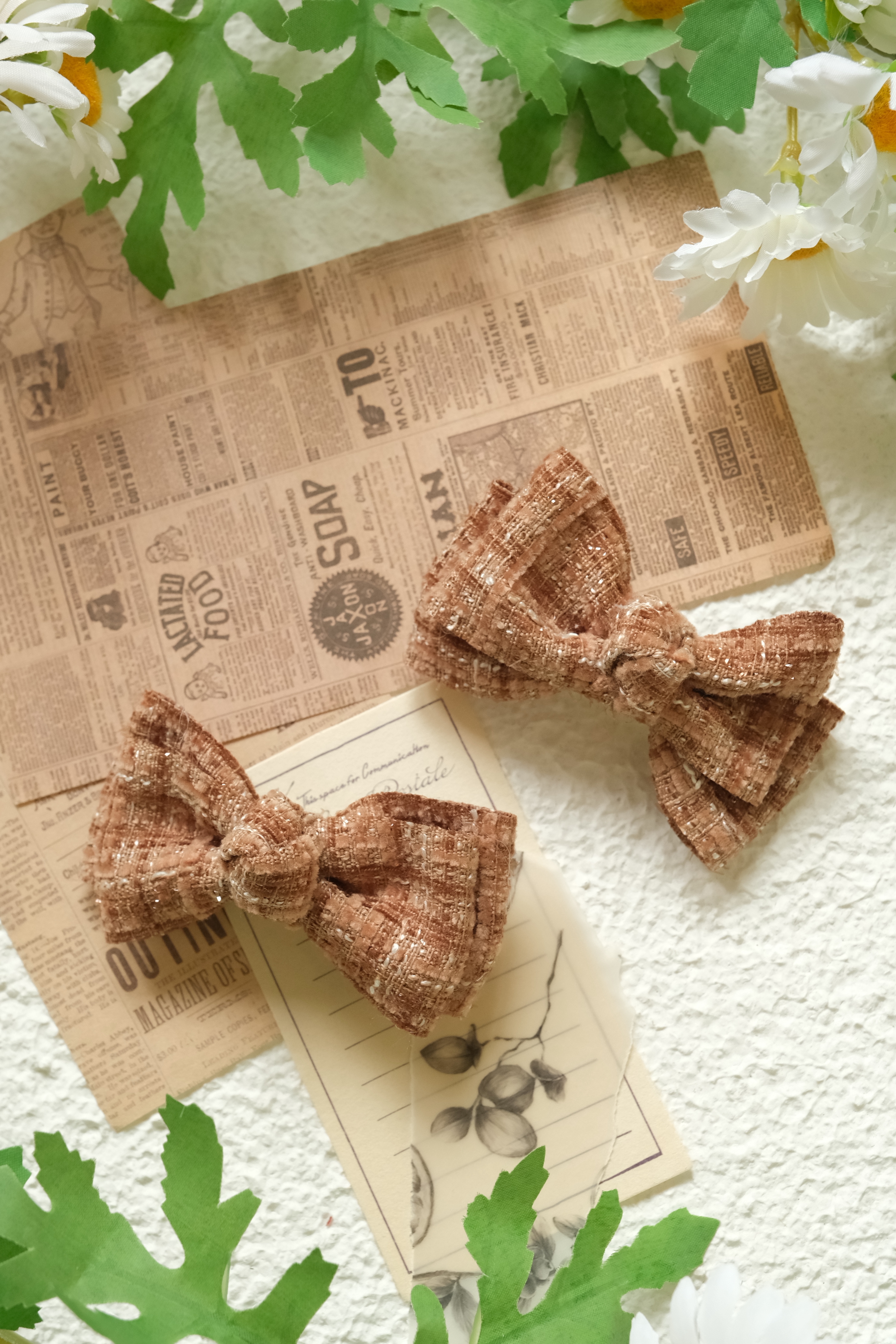 小香風蝴蝶結髮夾一組兩個-咖啡