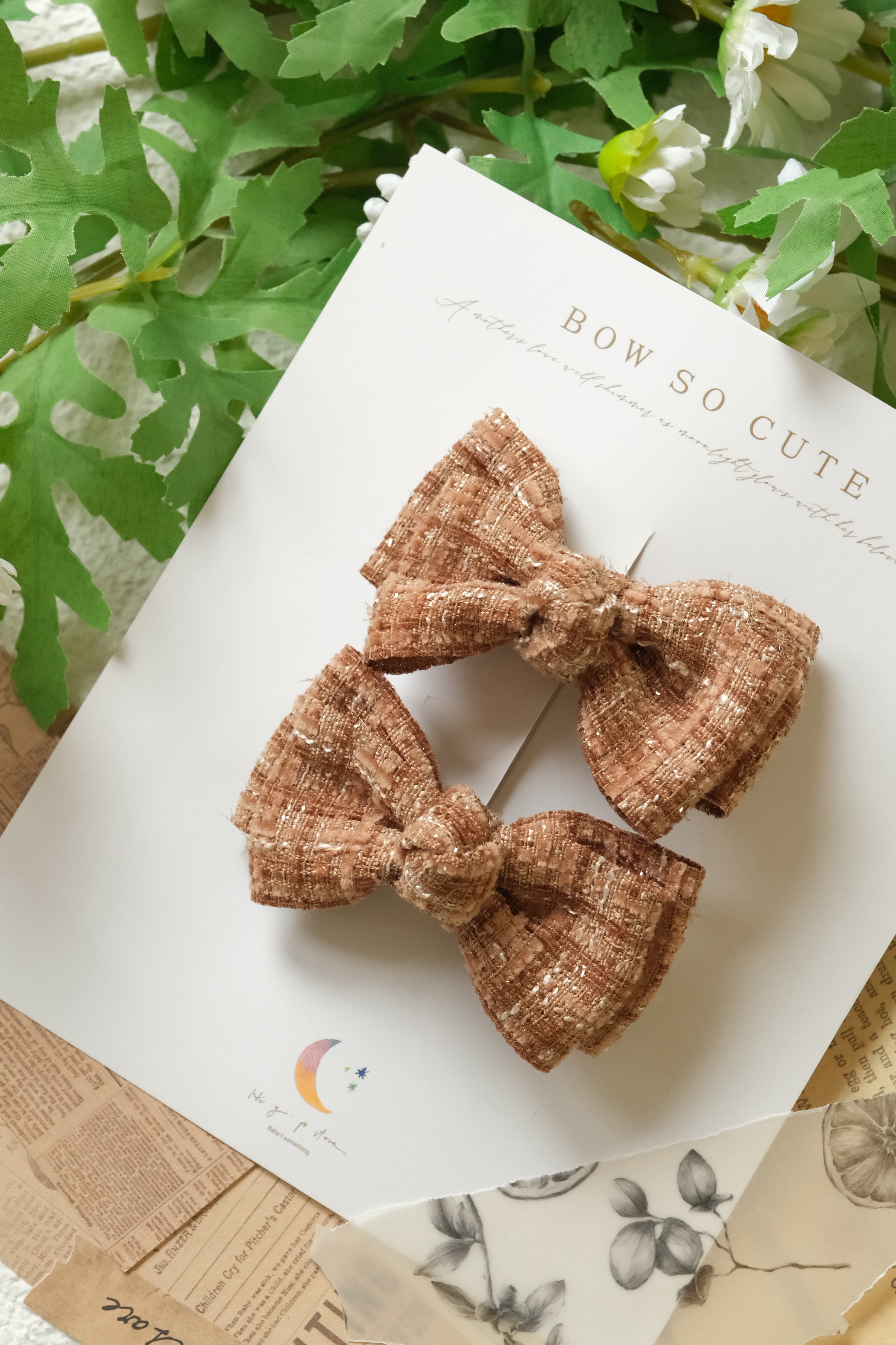 小香風蝴蝶結髮夾一組兩個-咖啡