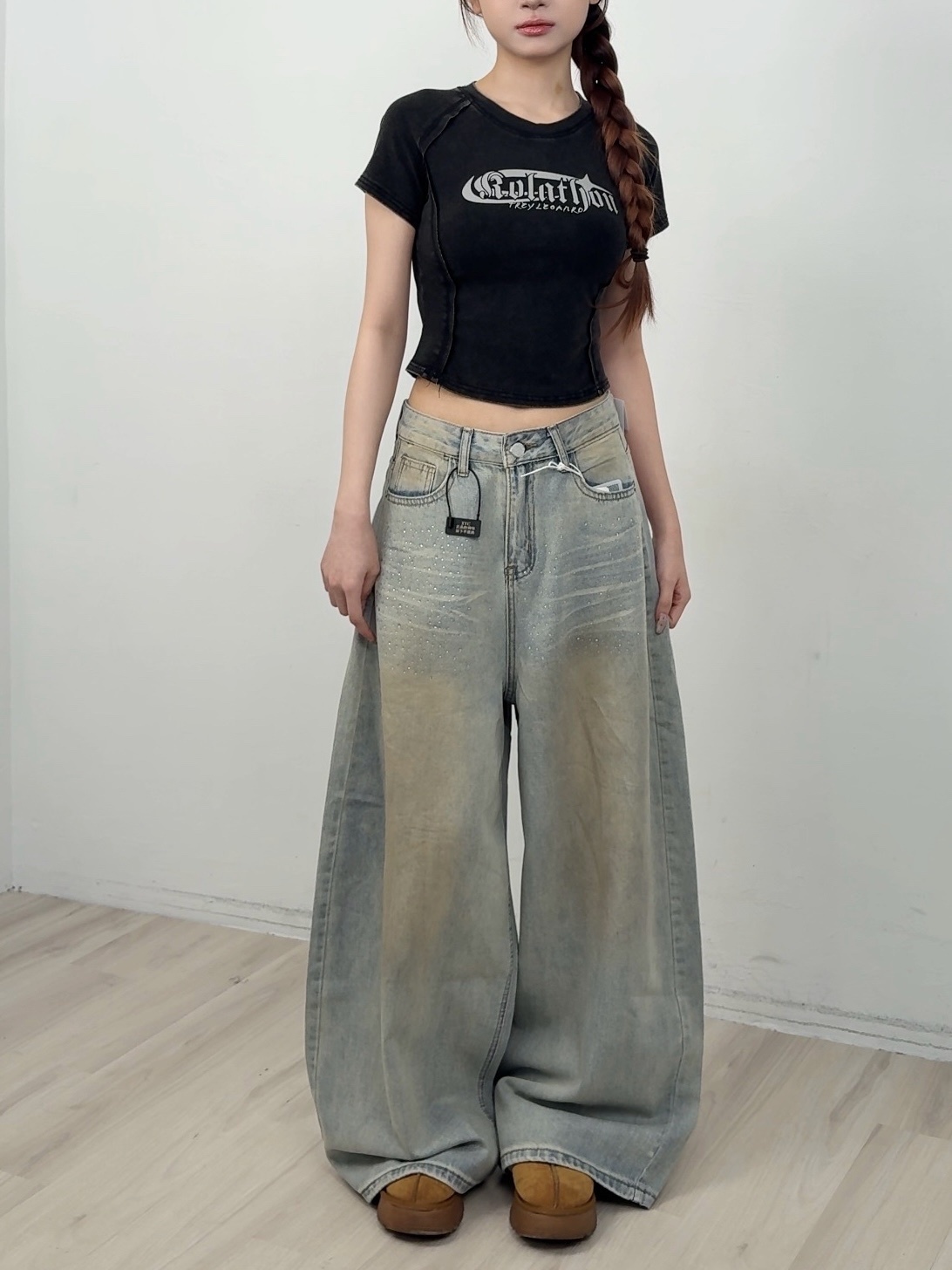 A69 預購復古感鑲鑽牛仔闊腿褲