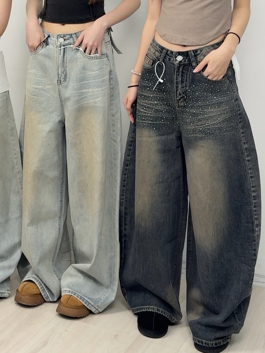 A69 預購復古感鑲鑽牛仔闊腿褲
