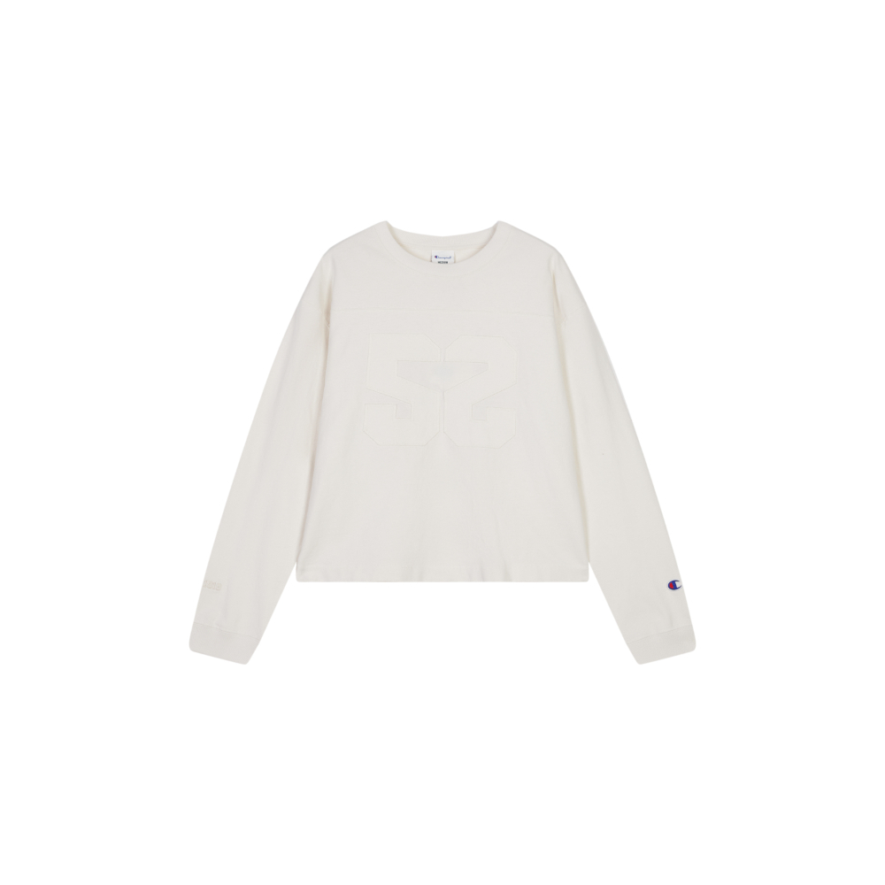 女款-CAMPUS 52拼布棉質圓領長袖T恤-米白色（U6ALTSW202M104）