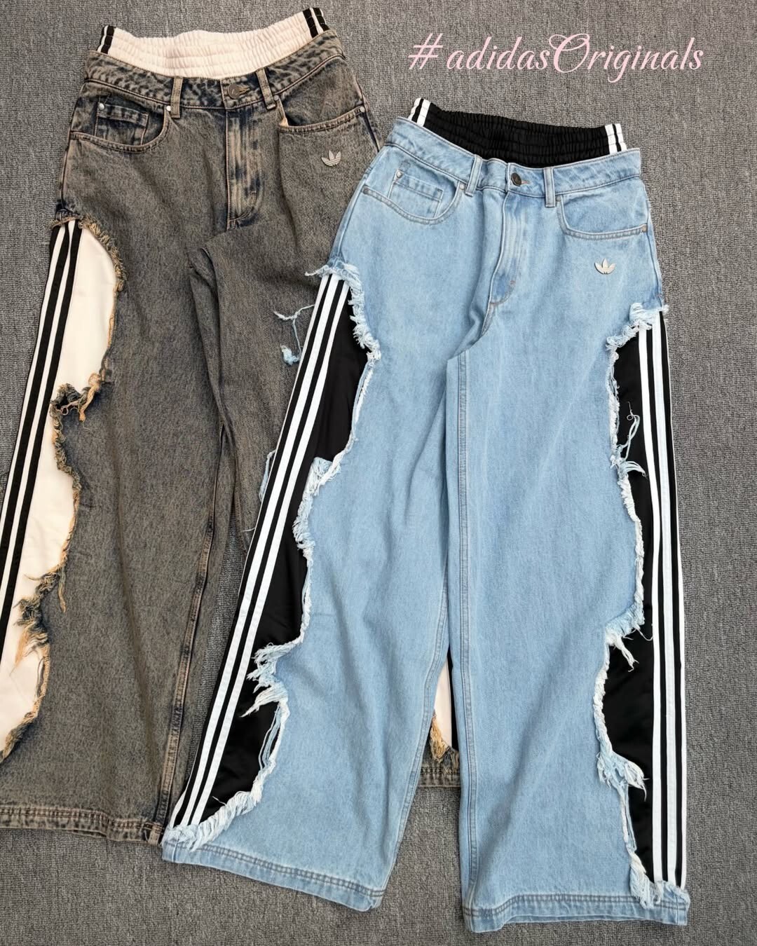 【Luxury】Adidas Originals ADILENIUM 復古做舊 刷色 流蘇寬褲 假兩件式造型 牛仔褲 女款 KY5192藍色 KY5193黑色