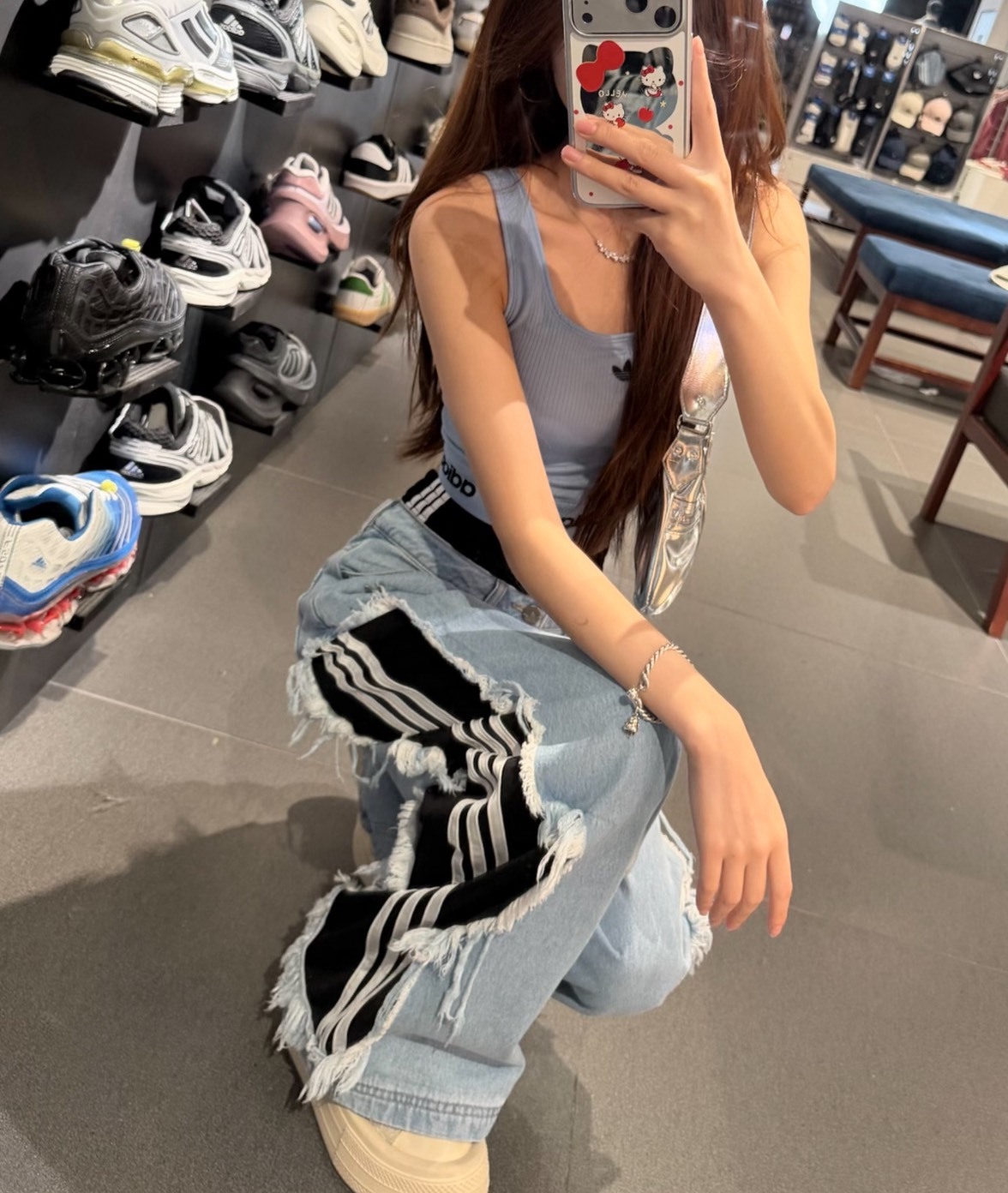 【Luxury】Adidas Originals ADILENIUM 復古做舊 刷色 流蘇寬褲 假兩件式造型 牛仔褲 女款 KY5192藍色 KY5193黑色