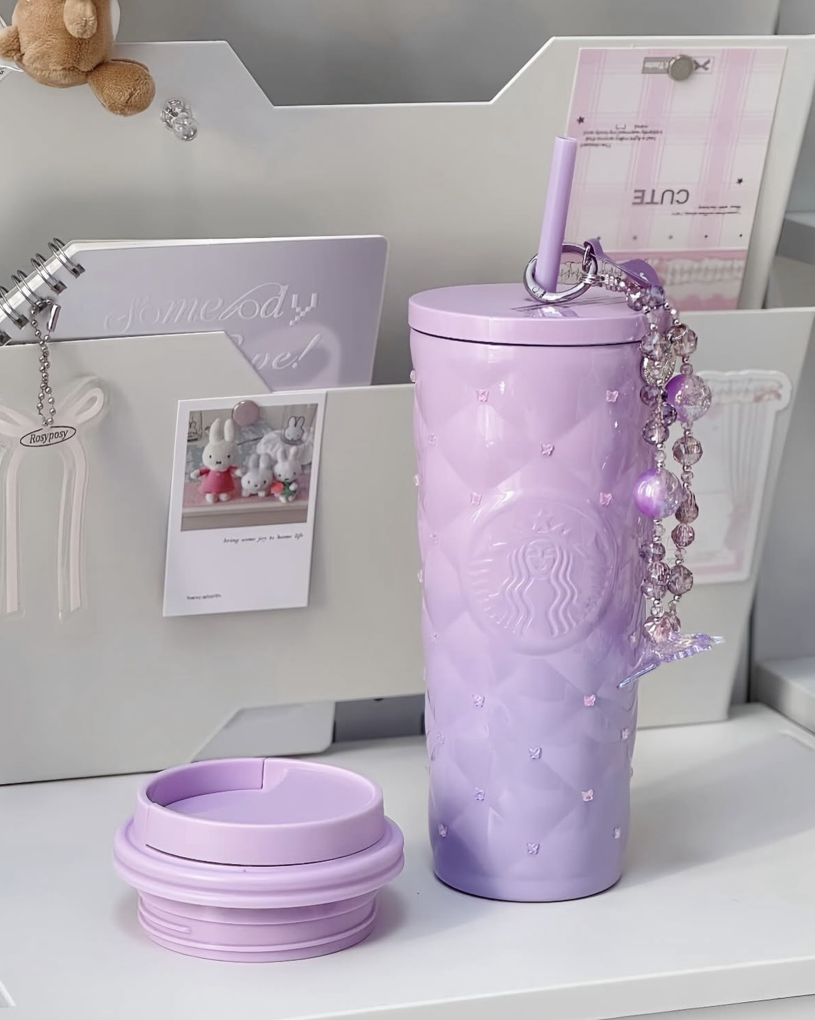 Starbucks 星巴克 暮櫻翩翩系列 紫色 漸層 菱格紋 不銹鋼吸管杯 禮盒組 蝴蝶鑽面 雙蓋 附手機掛鍊