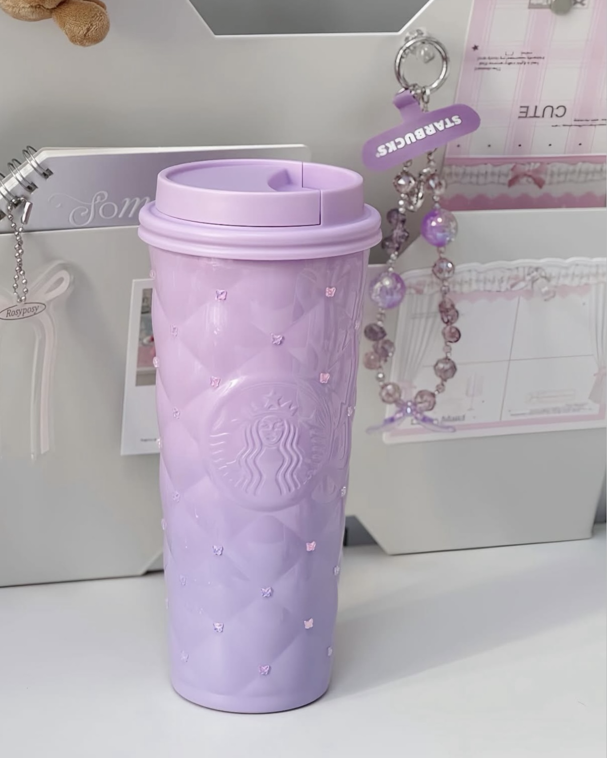 Starbucks 星巴克 暮櫻翩翩系列 紫色 漸層 菱格紋 不銹鋼吸管杯 禮盒組 蝴蝶鑽面 雙蓋 附手機掛鍊