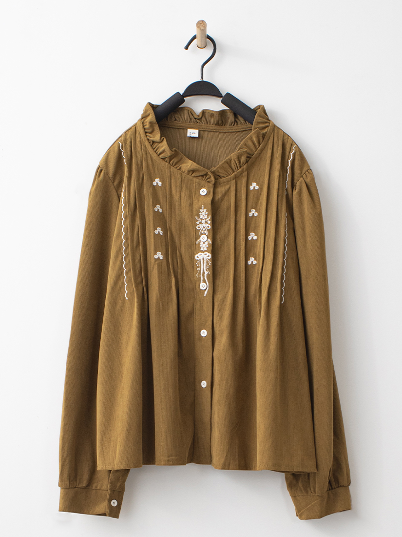 日系氣質繡花壓褶荷葉立領條絨上衣