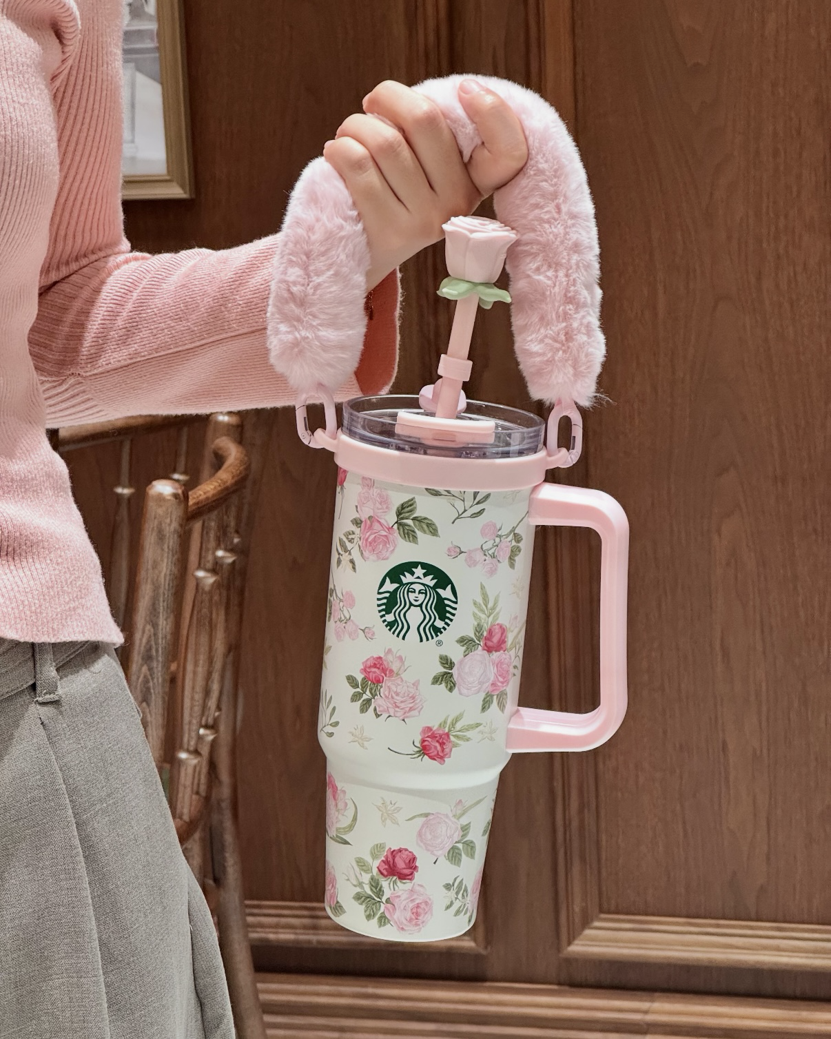 Starbucks 星巴克 萬花玫境系列 玫瑰花 粉色 不鏽鋼雙飲杯 吸管杯 900ml 附迷你杯吊飾/手提杯套/吸管套