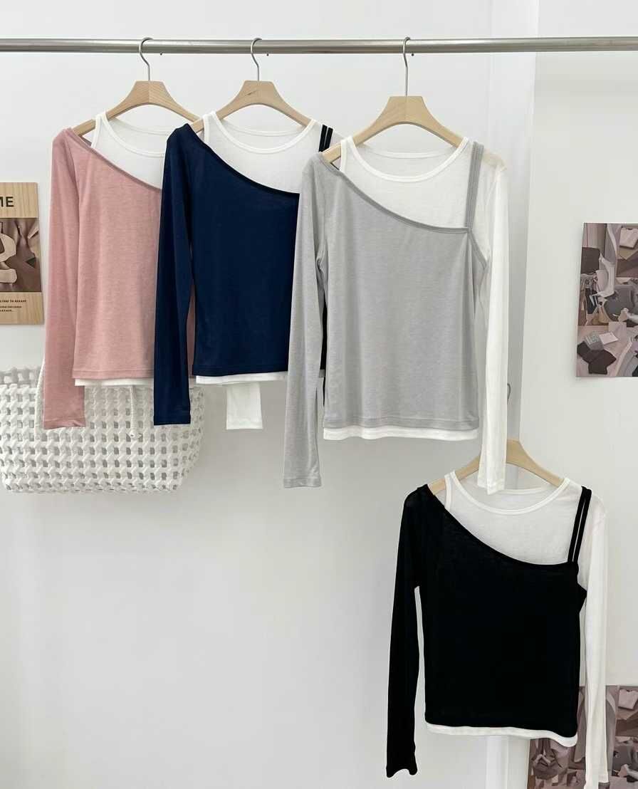 RF6030 撞色假兩件露肩上衣