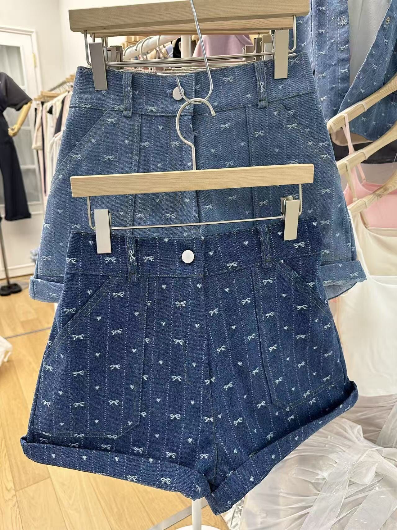 RF6032 後橡筋蝴蝶條紋牛仔短褲