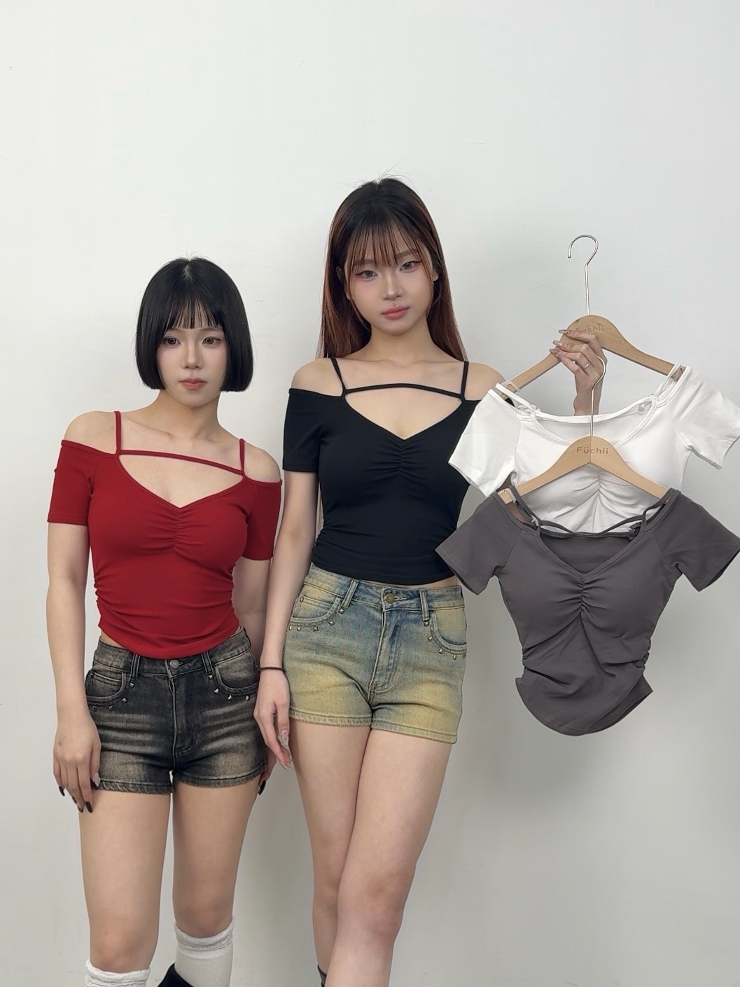 A102 現貨吊帶一字領抓皺胸墊上衣