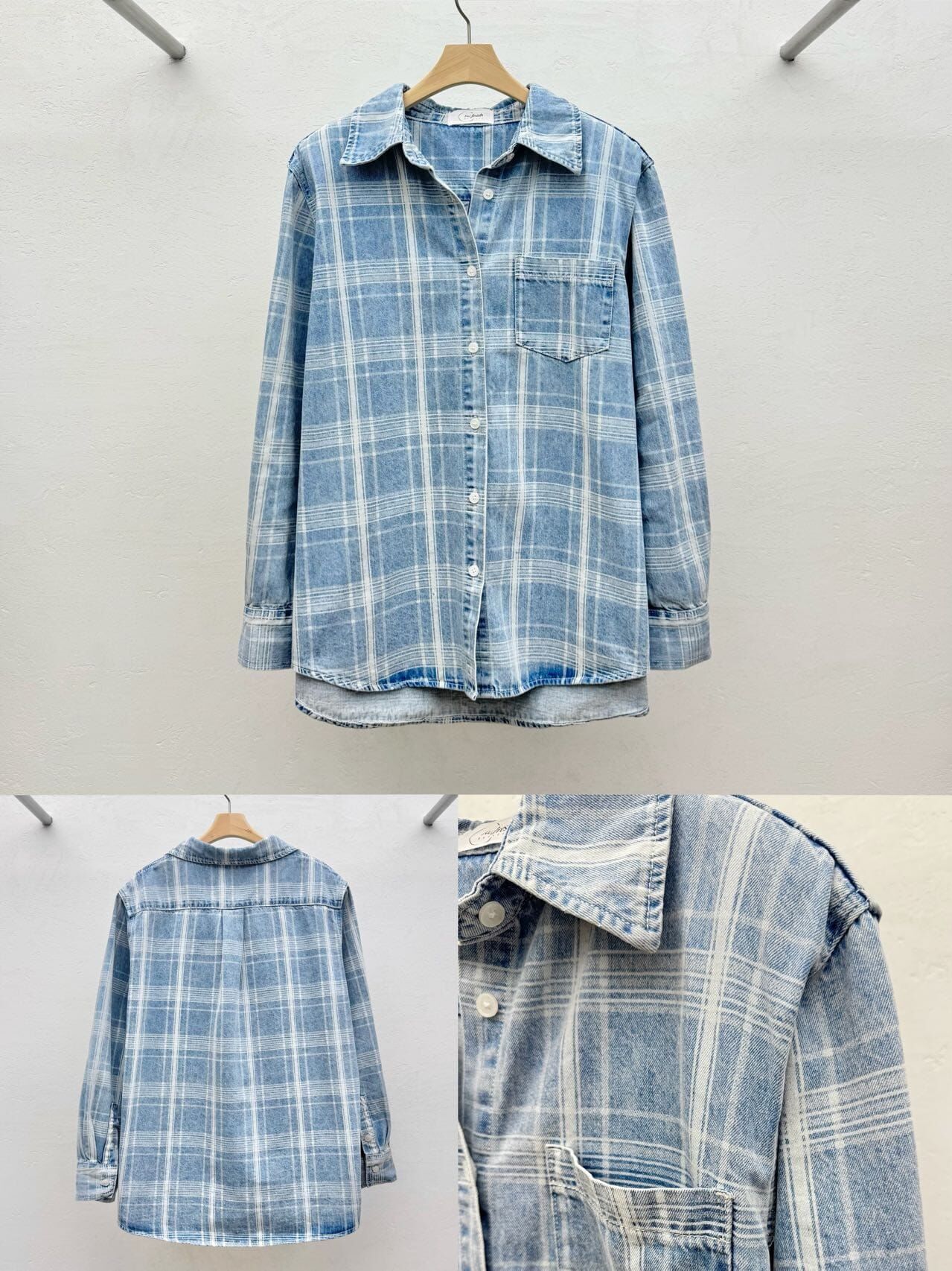 RF6036 前短後長格紋牛仔恤衫