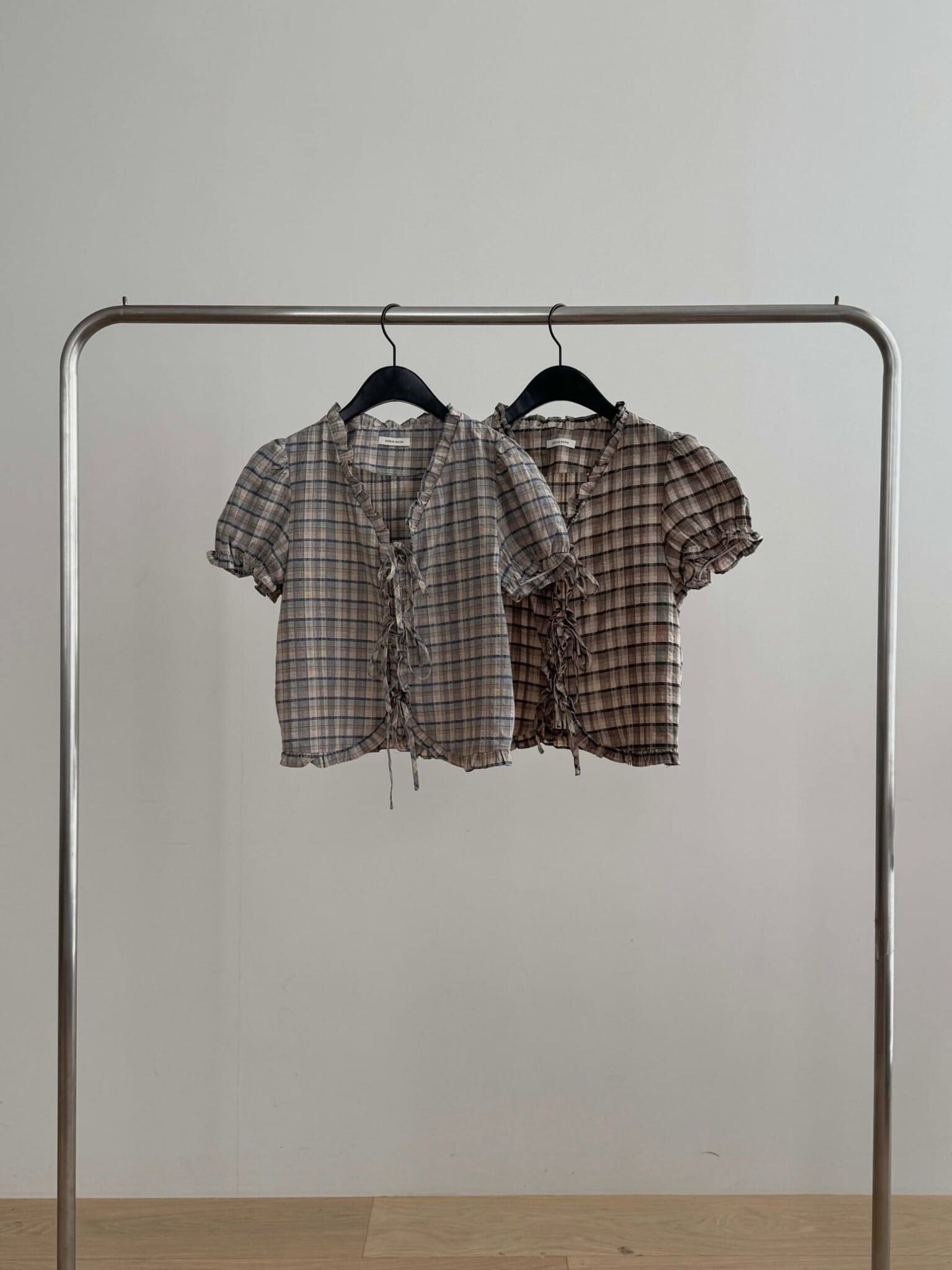 DR6053 花邊格紋短袖綁帶上衣