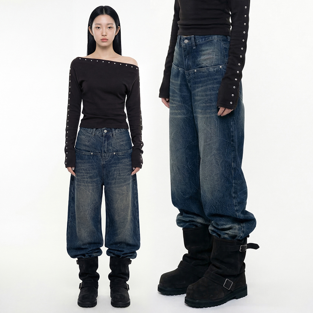 重工雙腰頭貓鬚寬版牛仔褲