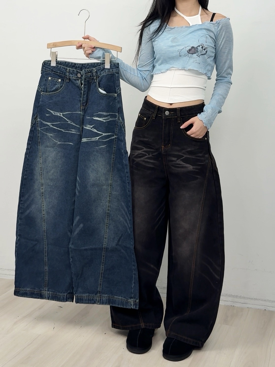 A129 現貨反車線設計彎刀牛仔褲