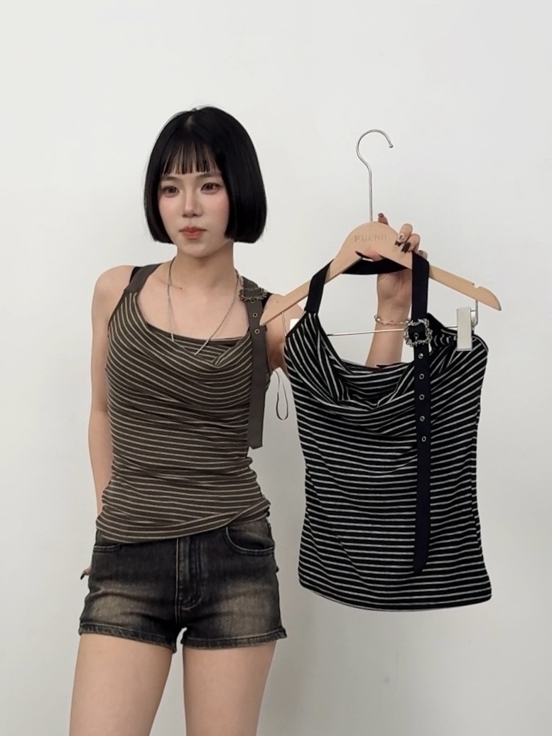 A147 現貨雕花調節掛脖條紋背心