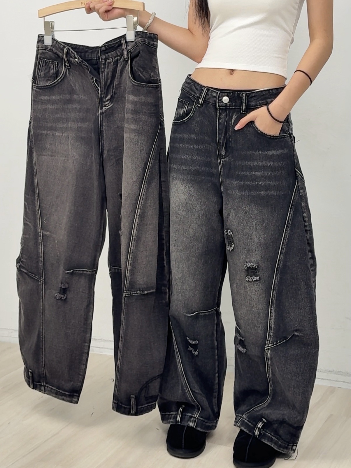 A149 現貨刷舊破洞彎刀褲