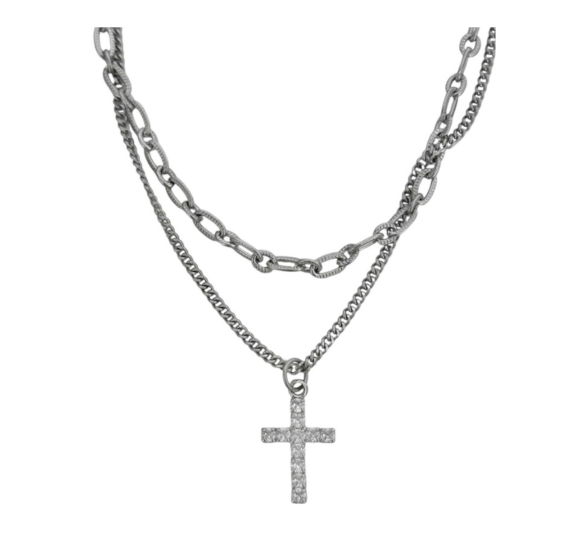韓國 OFUSE 十字架 鋼 雙鍊 雙層 項鍊