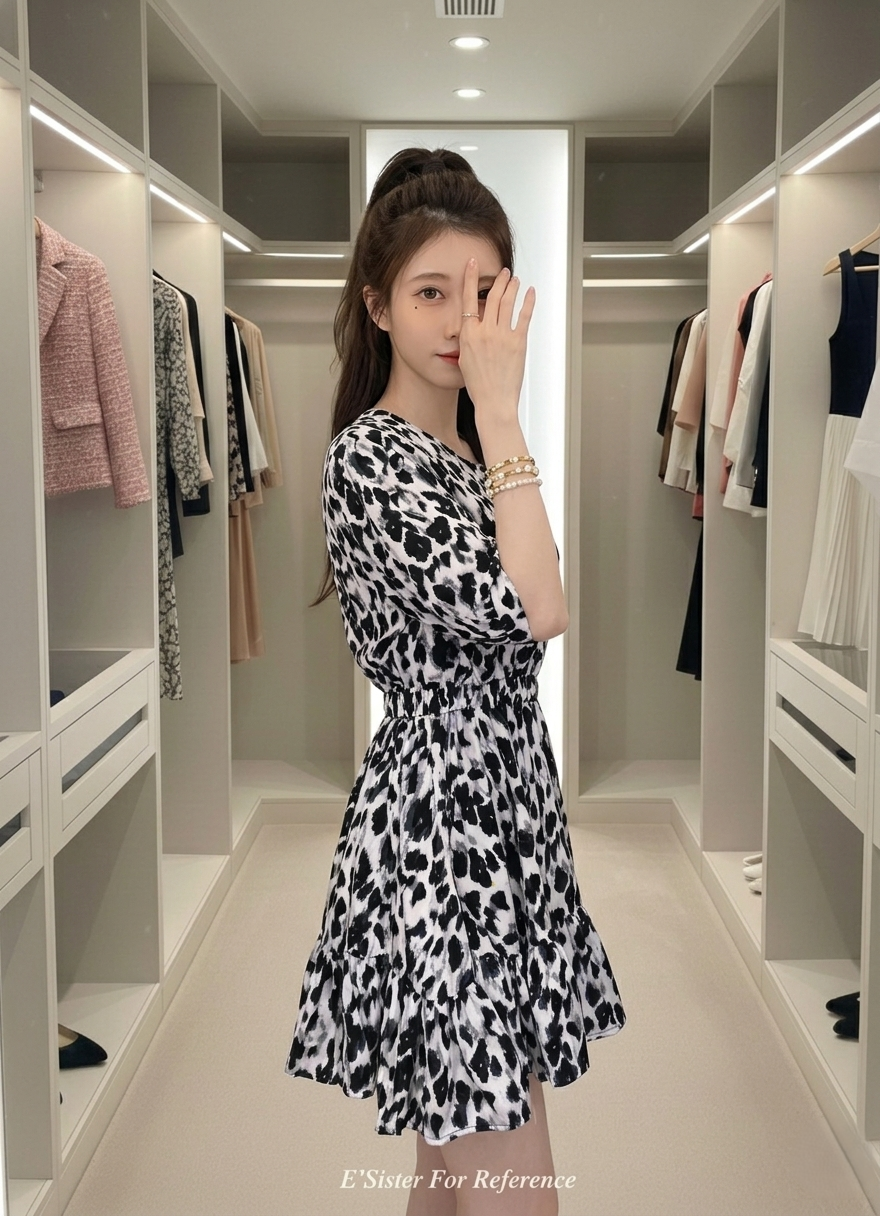 法式浪漫黑白豹紋收腰荷葉連身短裙 C360