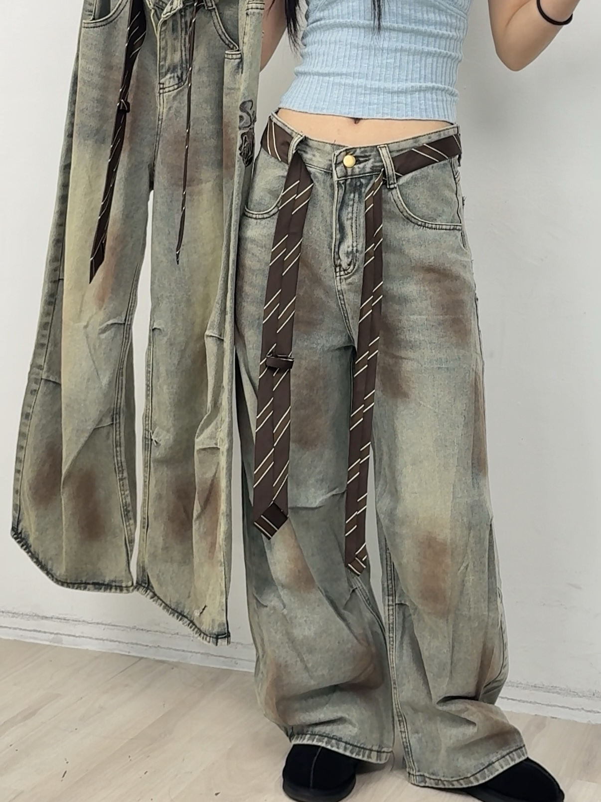 A153 現貨美式復古刷漆彎刀褲