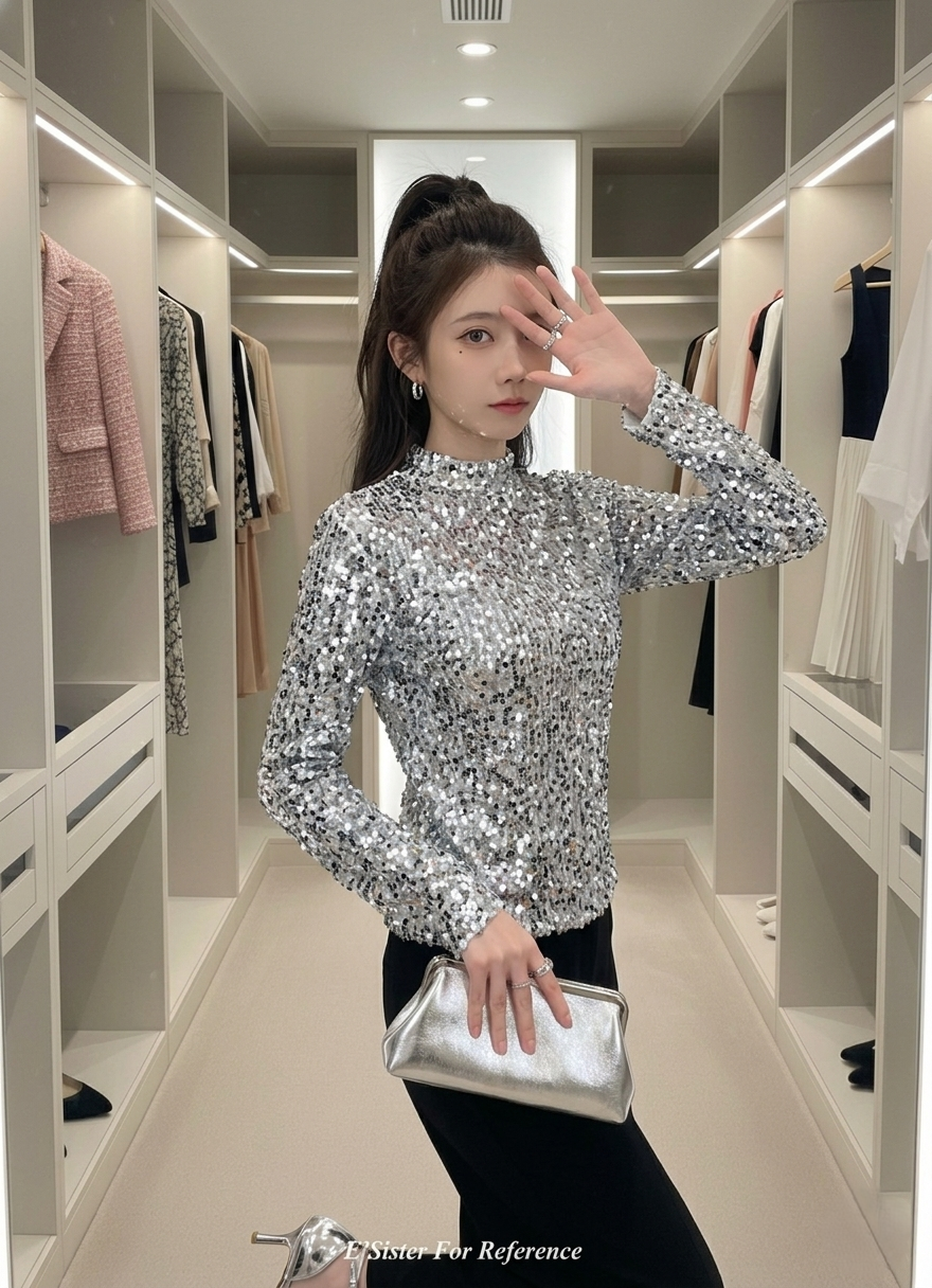 璀璨星光亮片長袖立領上衣 C361