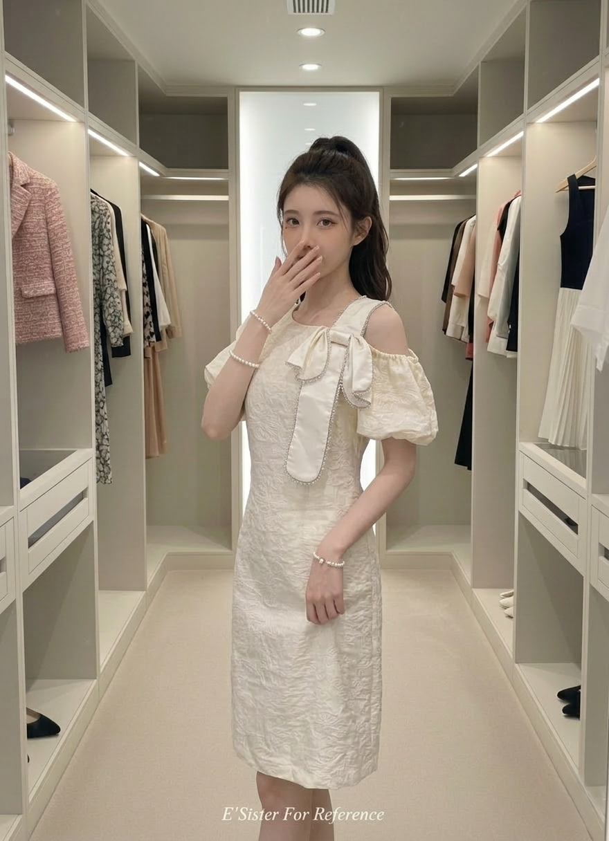 法式名媛立體浮雕蝴蝶結珍珠連身裙 C362