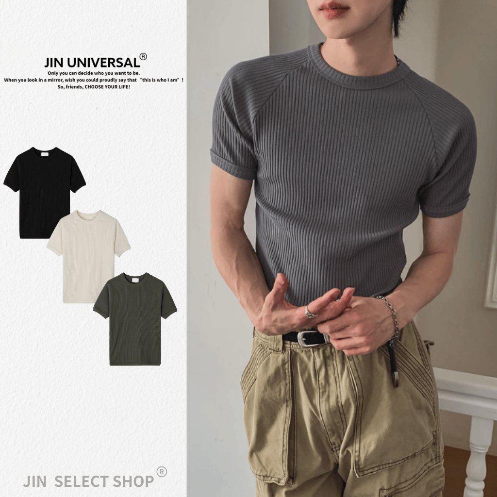 韓國 宋承一同款 直紋 合身剪裁 短袖上衣 TEE 短袖 肌肉版型 四面彈 顯壯合身 高彈螺紋