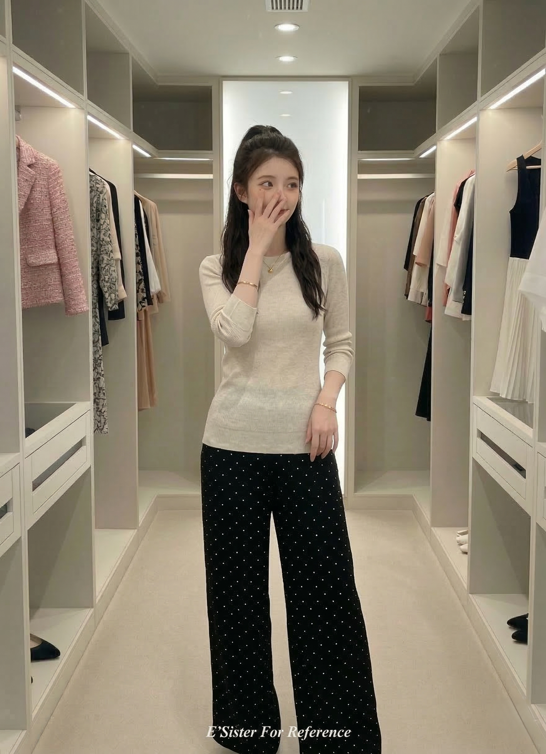 法式復古黑底白點寬鬆直筒長褲 C364