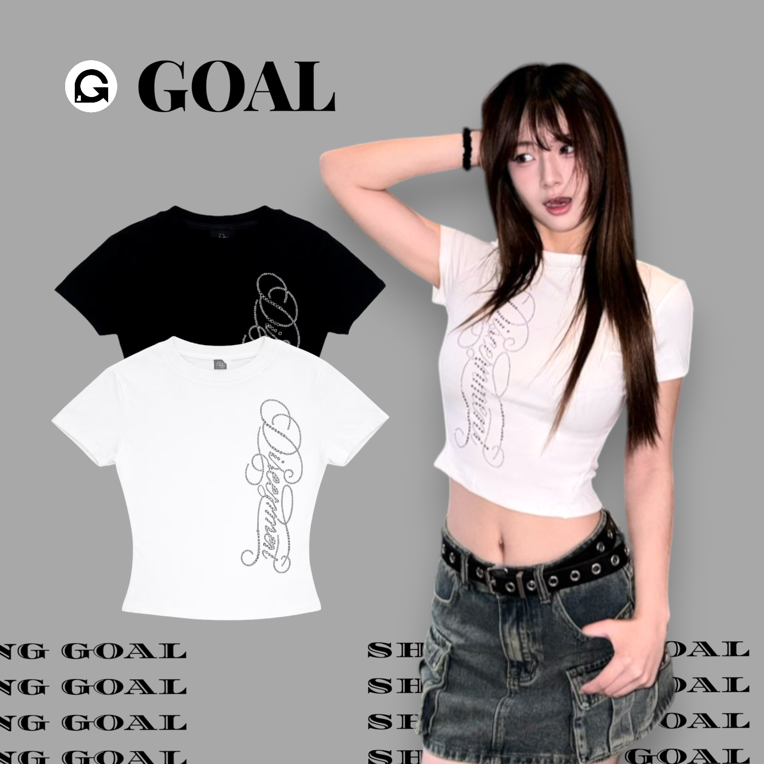 (GOAL) DCM 水鑽 燙鑽 縮腰身 剪裁 短版 短袖 顯瘦