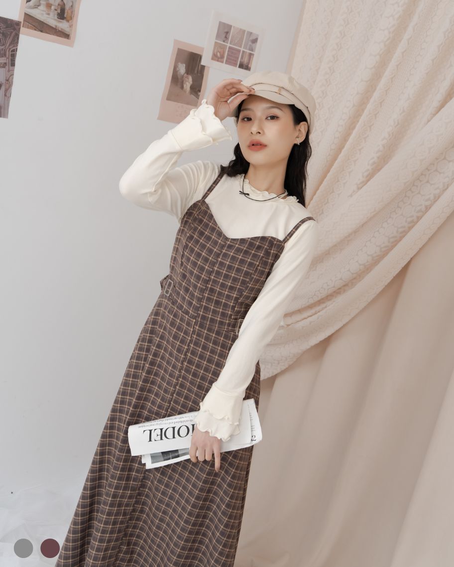 格紋桃心領吊帶洋裝