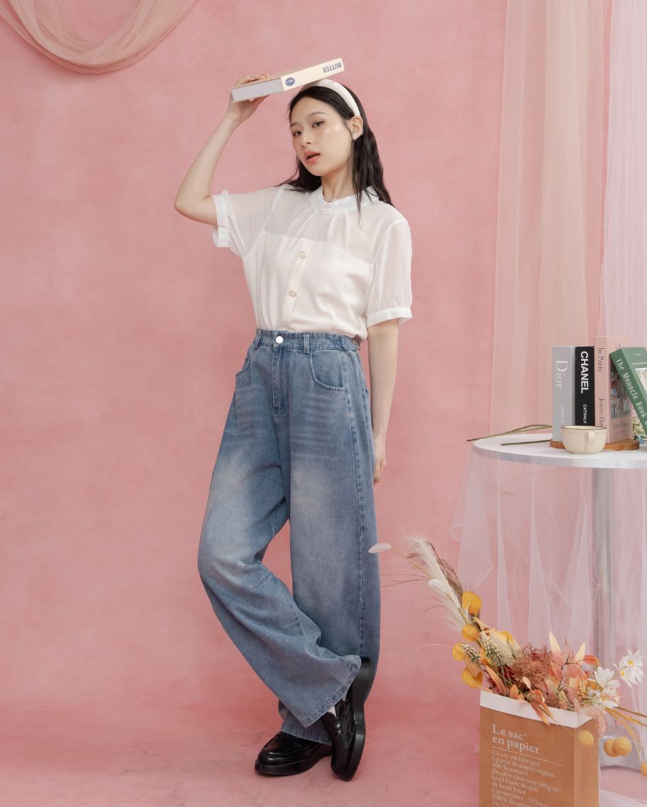 質感百搭腰部調節打褶牛仔寬褲
