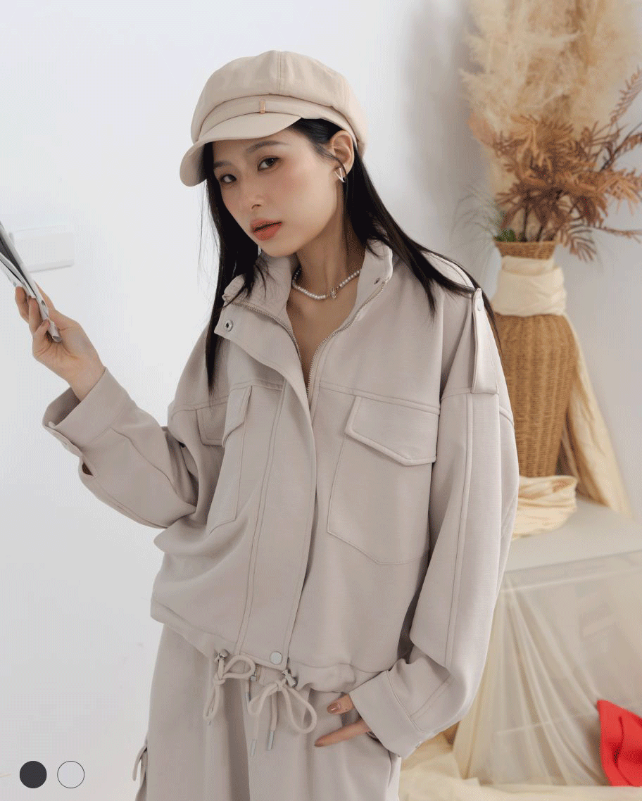 休閒立領前口袋抽繩外套