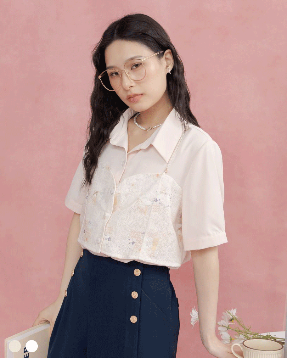 蝴蝶織花珍珠鍊假兩件上衣