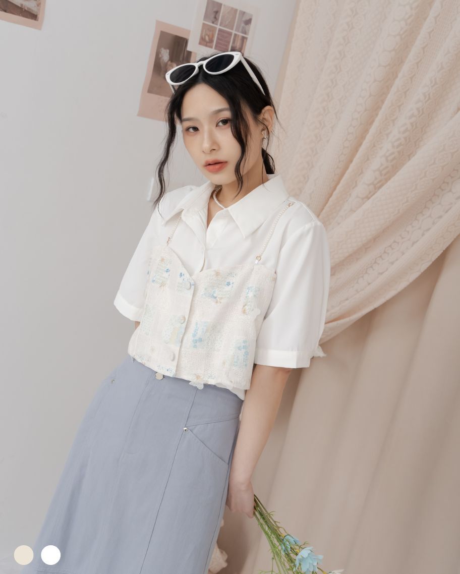 蝴蝶織花珍珠鍊假兩件上衣